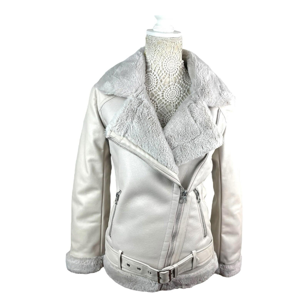 Divided Greige Faux Leather Jacket Fur Trim Collar Women’s UK Size XXS