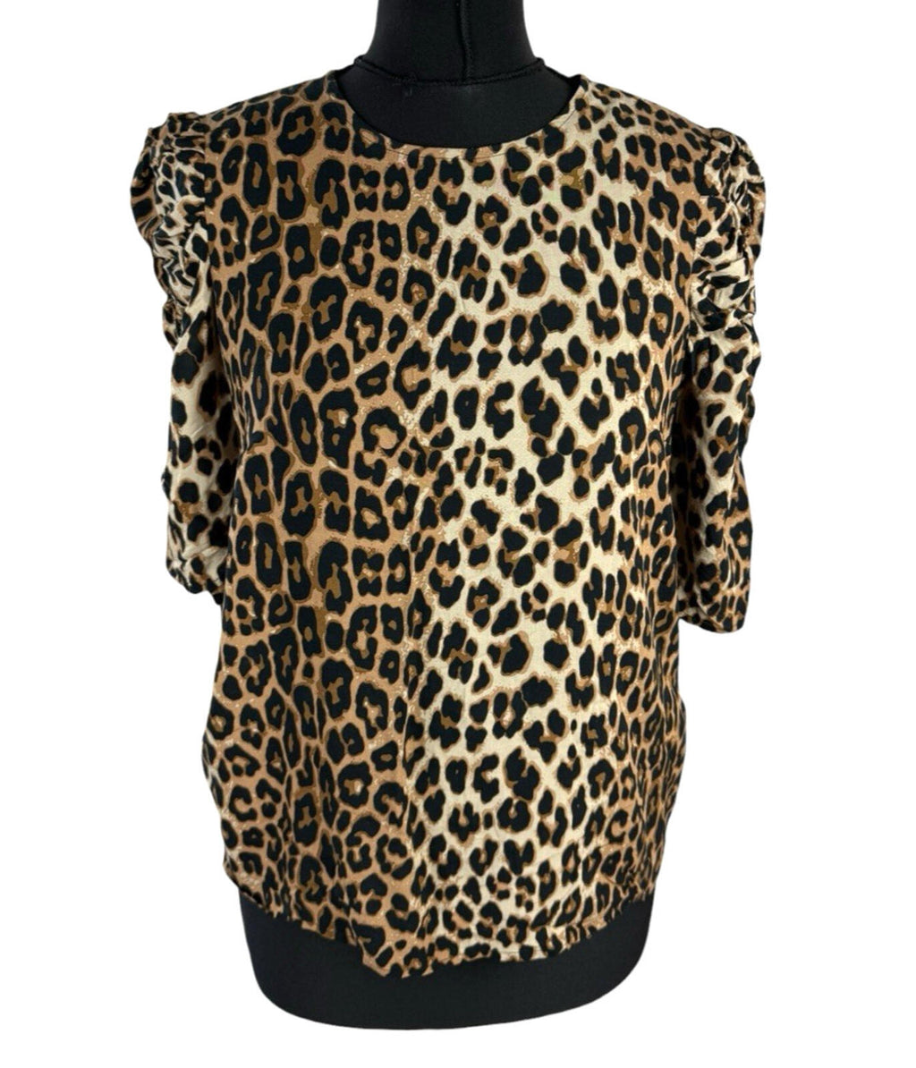 H&M Leopard Print Blouse Women’s UK Size XS Relaxed Fit Puff-Sleeved Lightweight