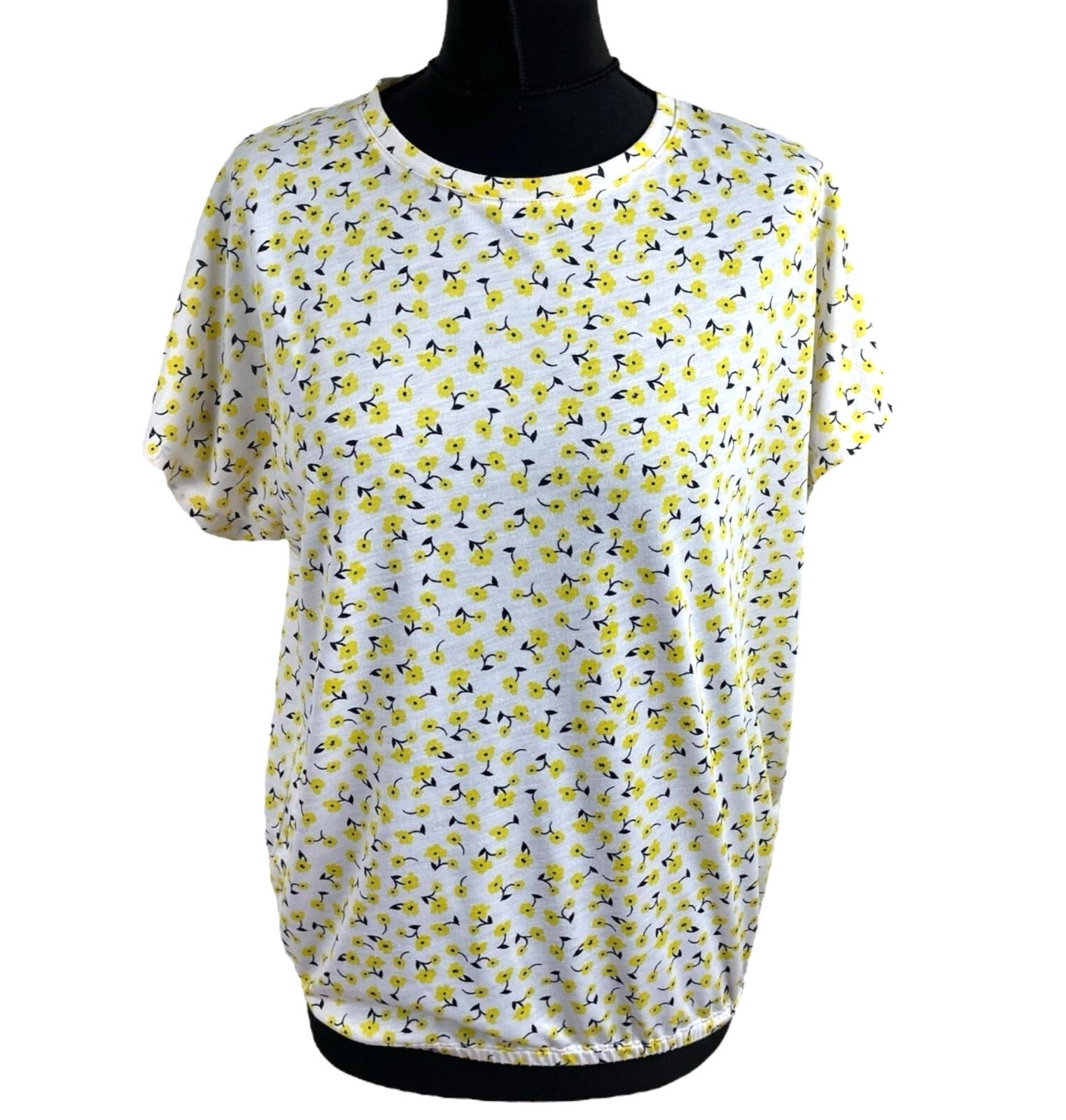 Marks & Spencer White Yellow Floral T-Shirt Blouse Women’s UK Size 14 Crew Neck