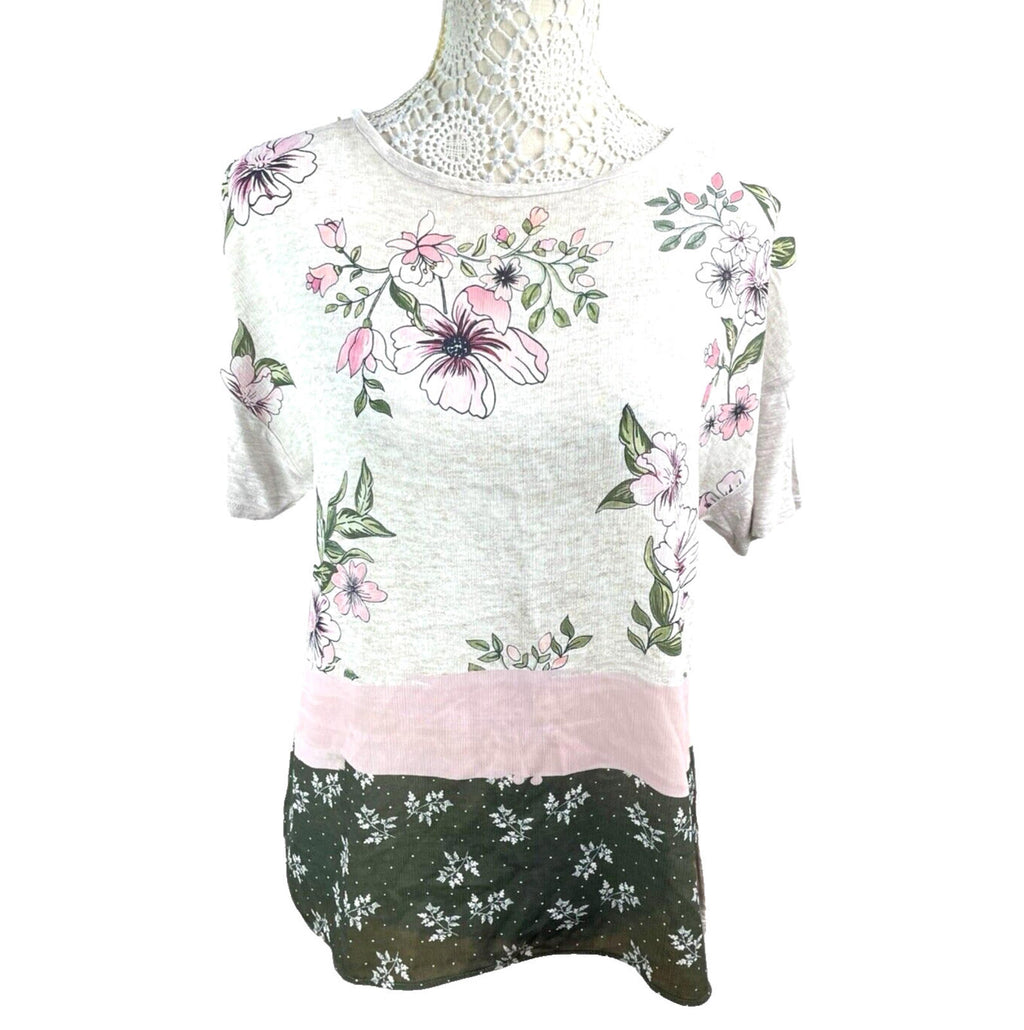 Stradivarius Floral Top Women’s UK Size M Short Sleeve Crew Neck Colour Block