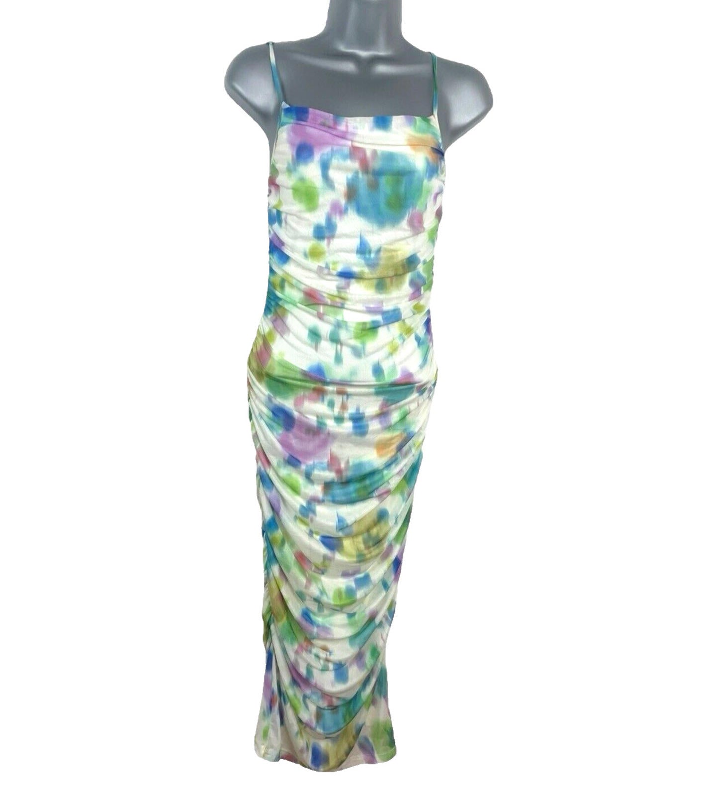 Stradivarius Maxi Dress Women’s UK Size XS Ruched Sleeveless Abstract Mesh
