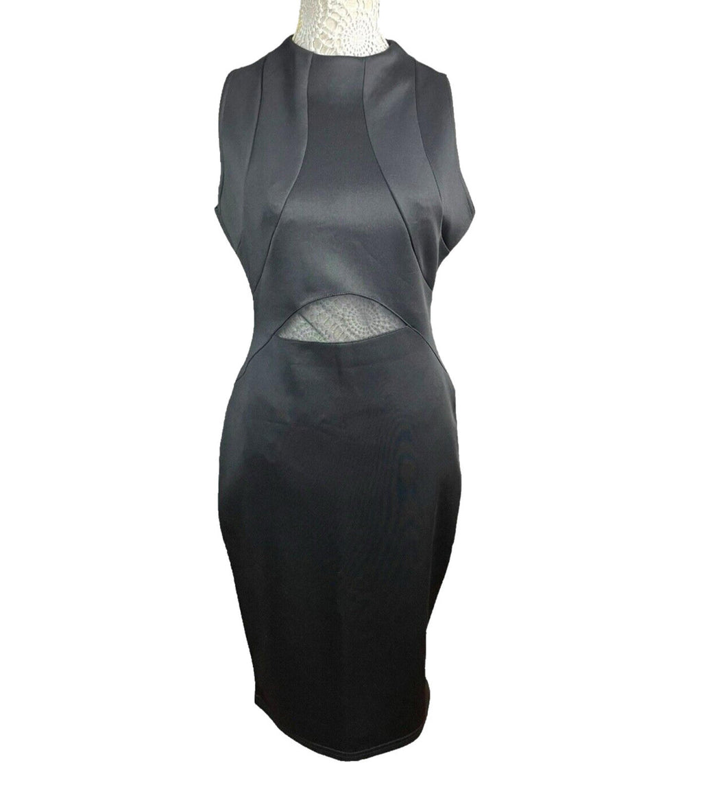 River Island Black Midi Dress Mesh Panel Detail High Neck Women’s UK Size 12