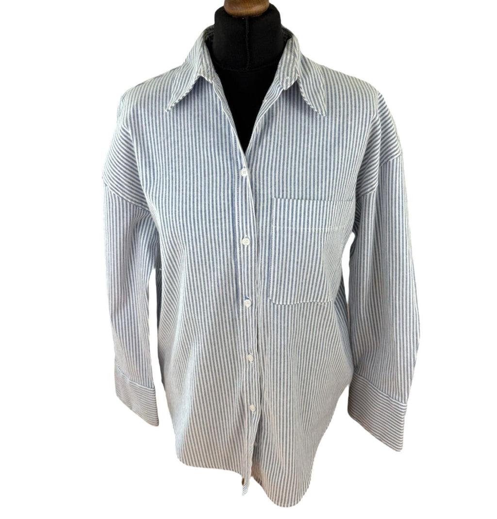Zara Blue Stripe Shirt Blouse Collared Long Sleeve Distressed Womens UK Size S