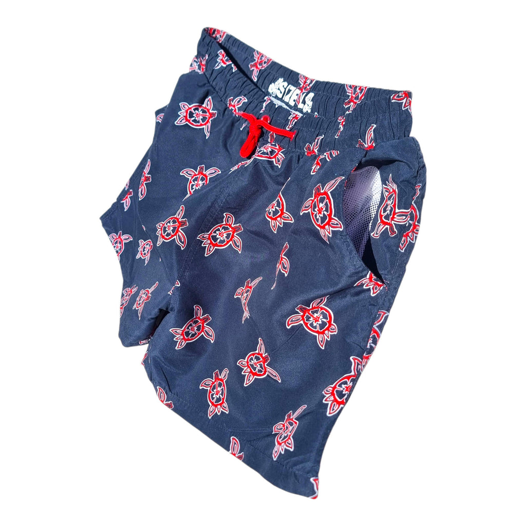 Swim Shorts Men's UK Size L Navy Blue Net Lined Pockets Red Sea Turtle Print