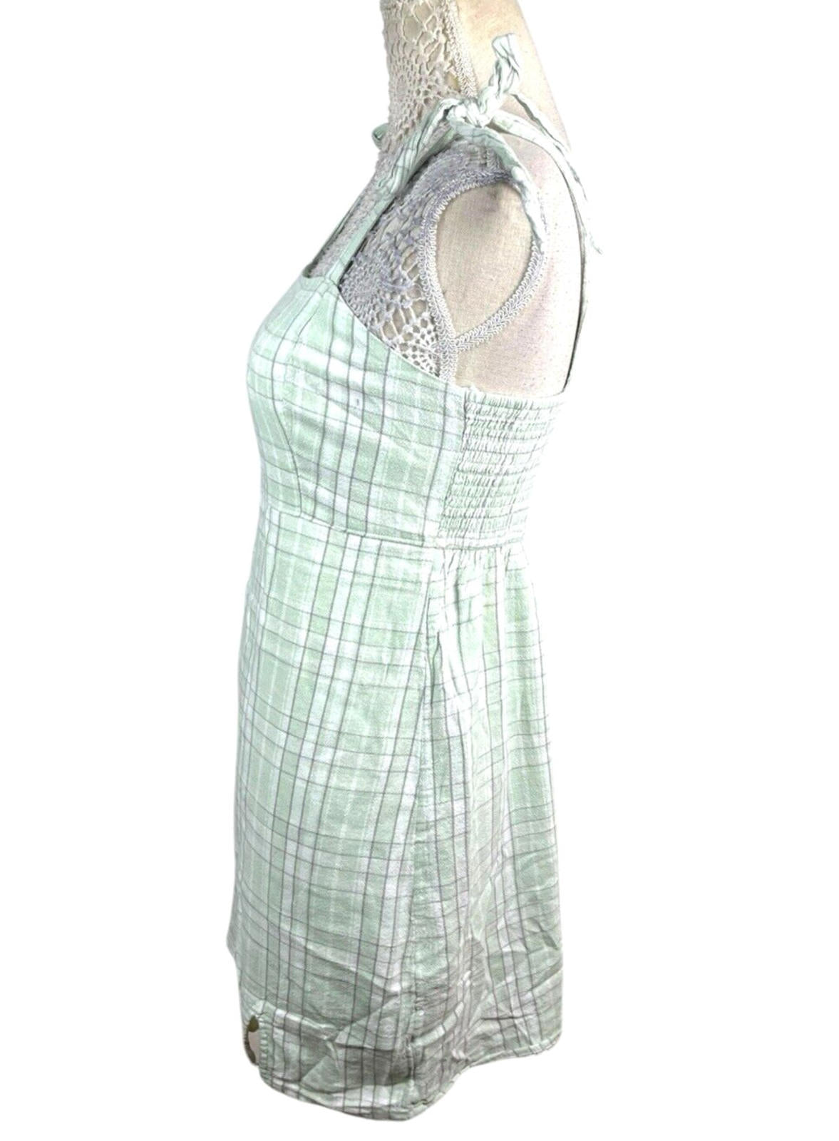 Hollister Plaid Pinafore  Mini Dress Women’s UK Size M Green White Tie Shoulder