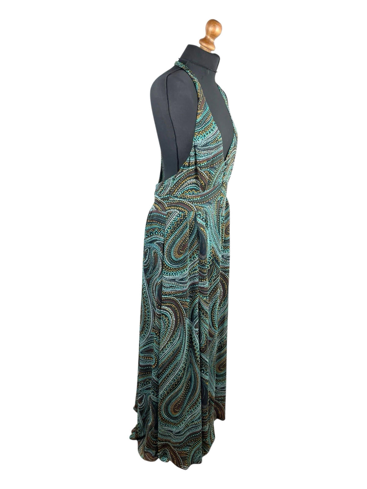 New Look Maxi Dress Halter Backless Women’s UK Size 16 Green & Brown Tribal