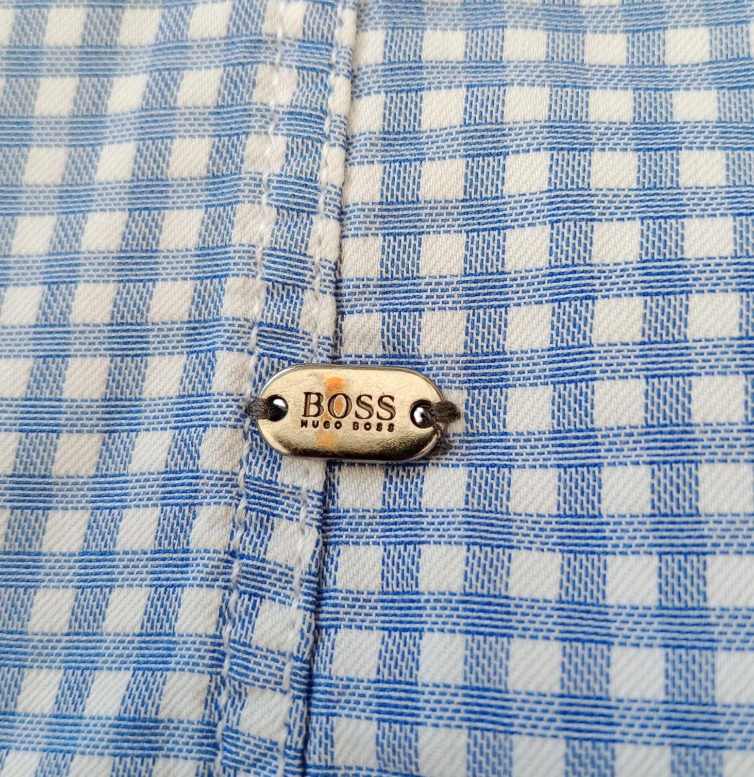 Hugo Boss Shirt Men's UK Size M Long Sleeve Blue Check 100% Cotton Pocket Modern