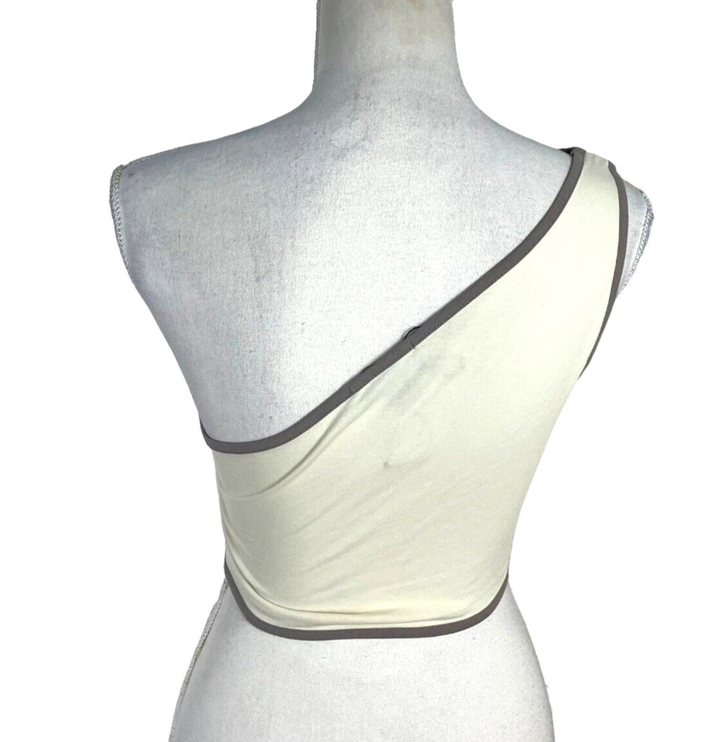 Pretty Little Thing Crop Top Cream One Shoulder Grey Trim Women's UK Size 8