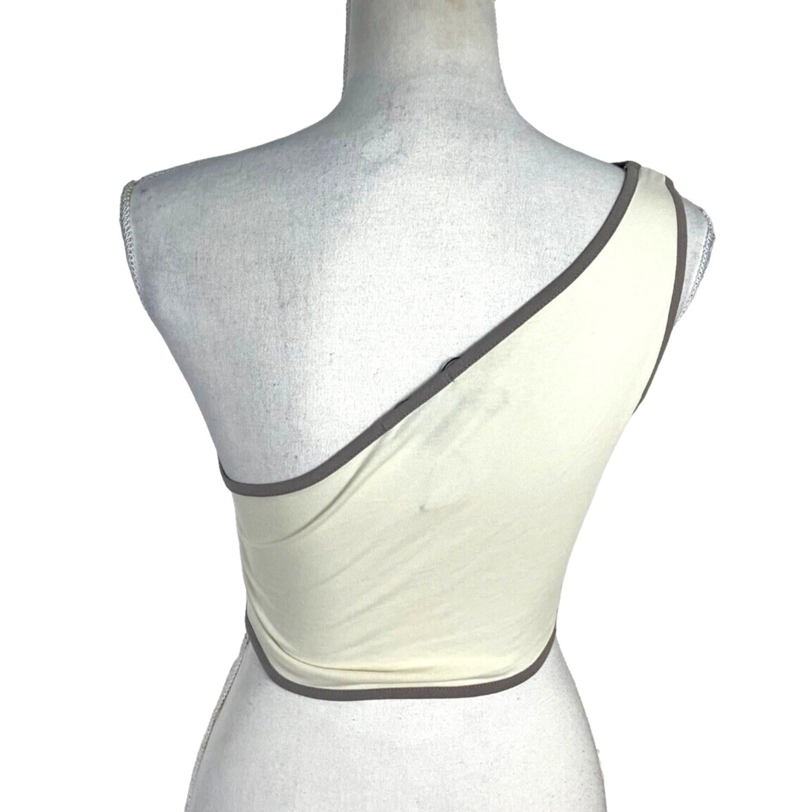 Pretty Little Thing Crop Top Cream One Shoulder Grey Trim Women's UK Size 8