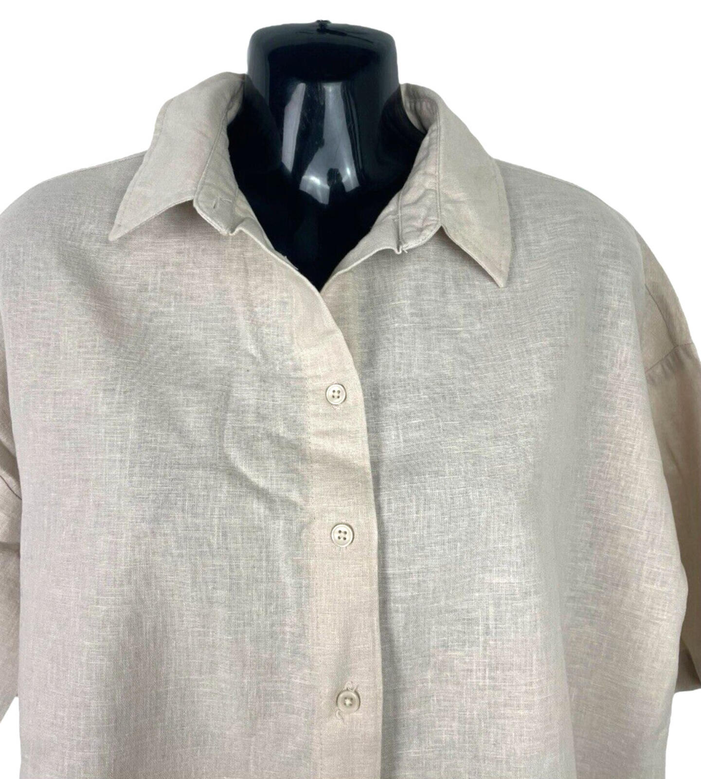 Primark Linen Shirt Blouse Women’s UK Size 6 Cropped Relaxed Fit Beige Top