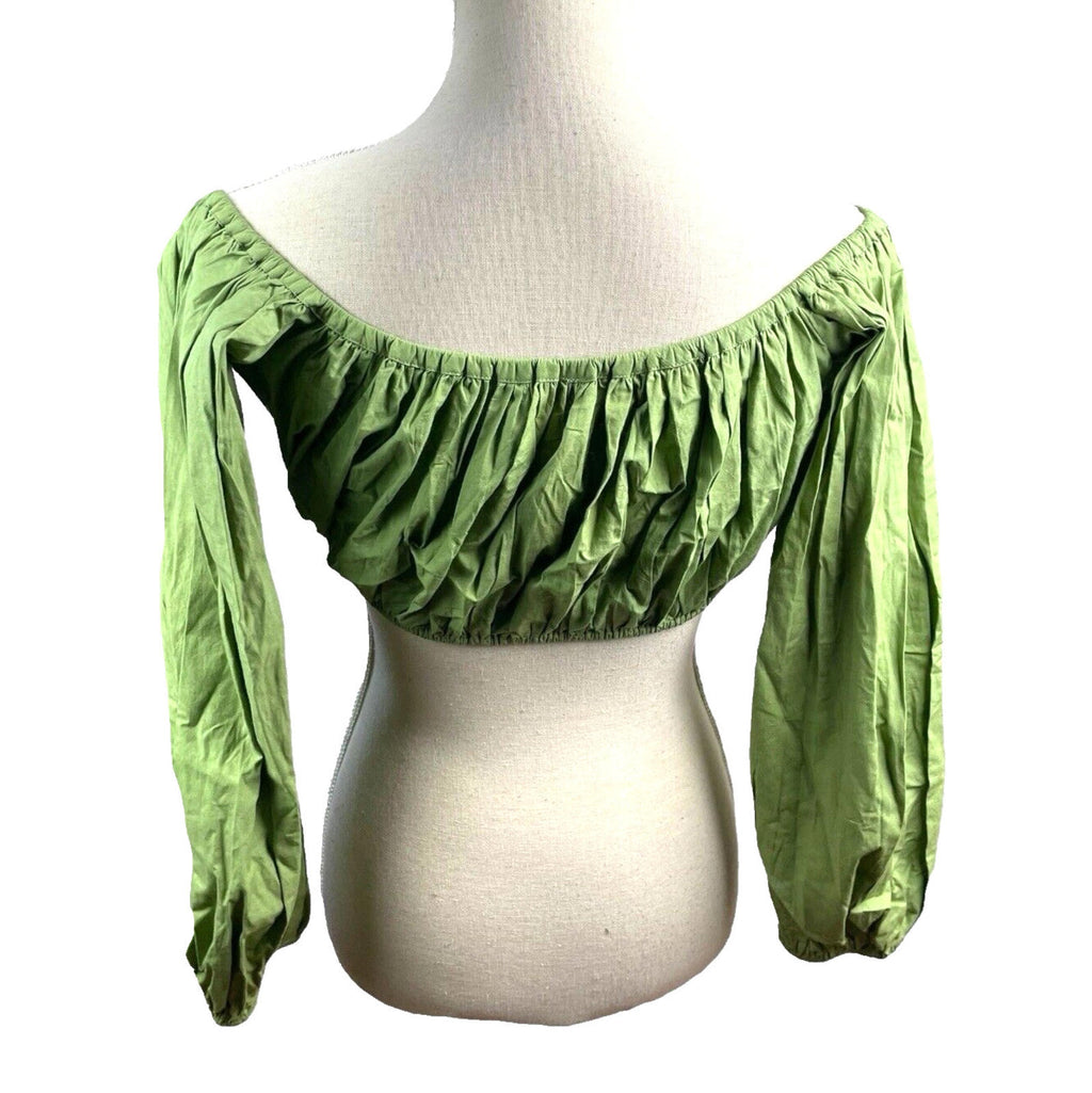Khaki Green Off Shoulder Crop Top 3/4 Bell Sleeve Women’s UK Size 8