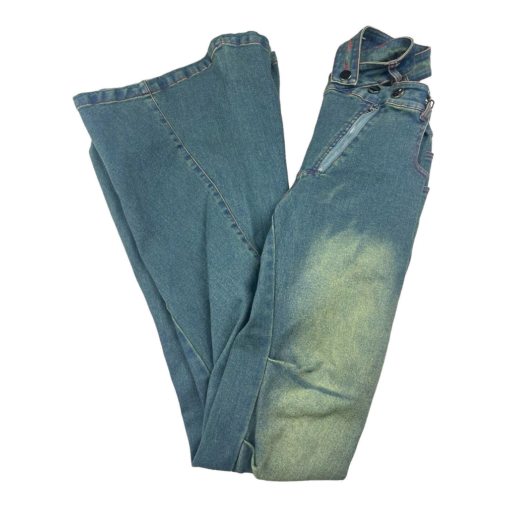 Flared Jeans Women's UK Size 8 Blue Denim Funky Double Zip Denim Distressed