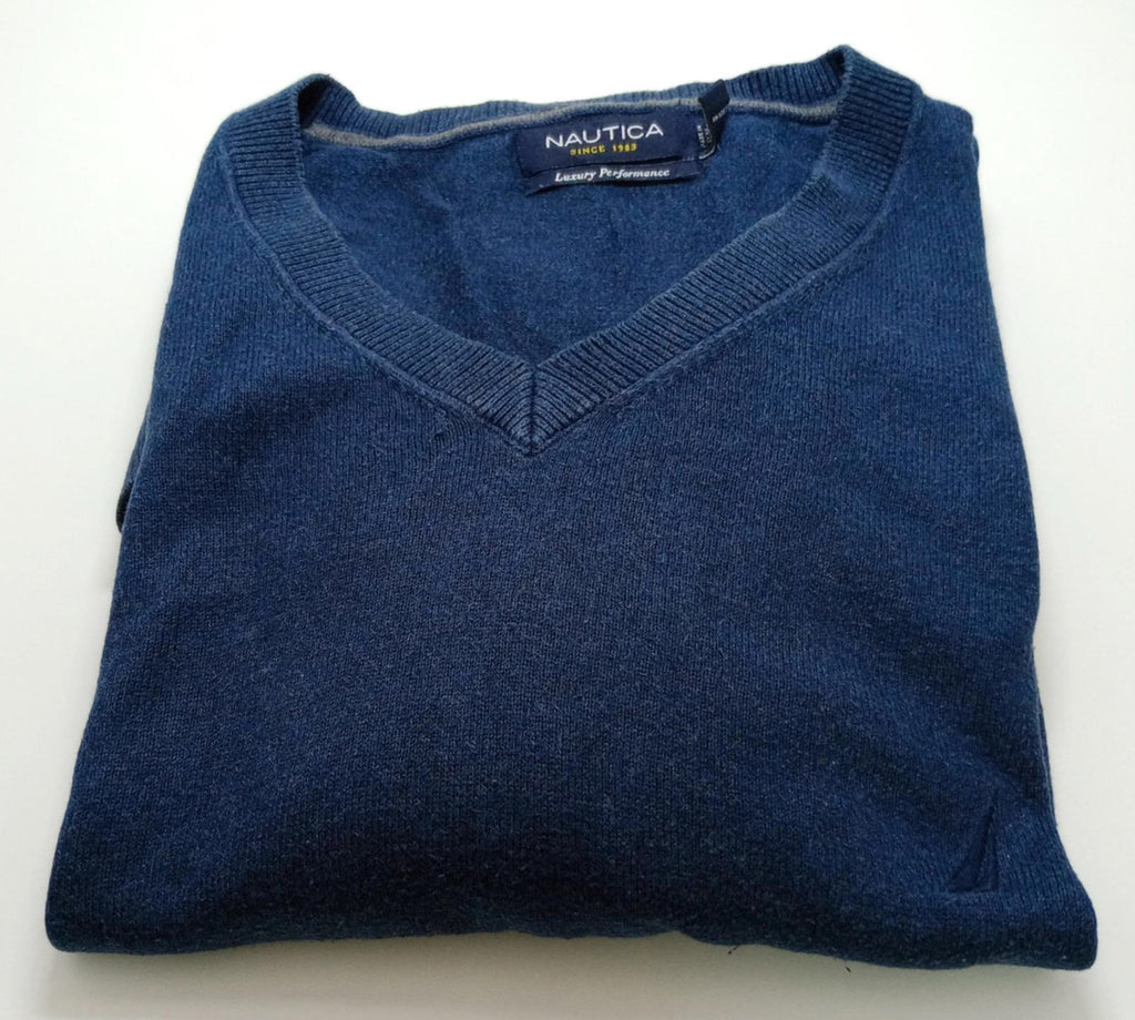 Nautica Jumper Men's UK Size L Blue Long Sleeve 100% Cotton Easy Care V-Neck
