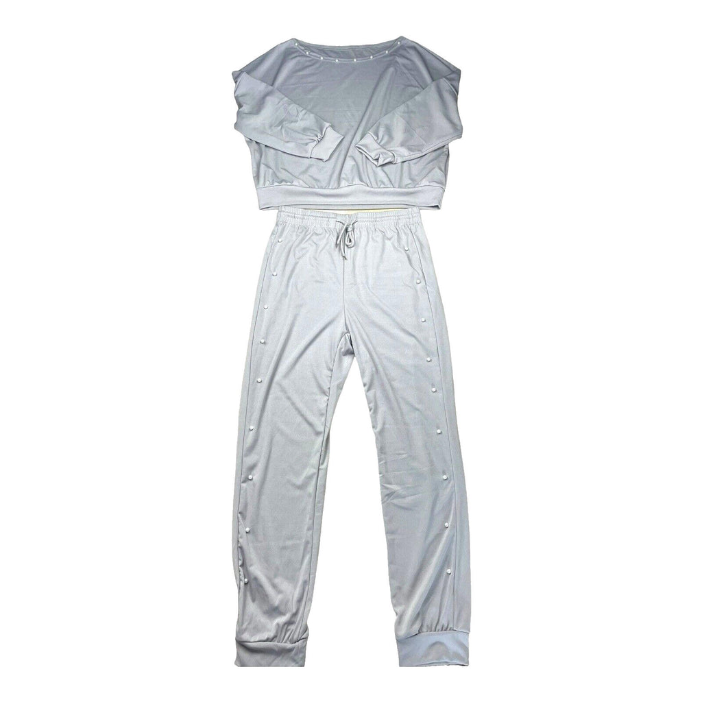 Pearl Embellished Tracksuit Co-Ord Set Women’s UK Size L Grey Jog Pants & Top