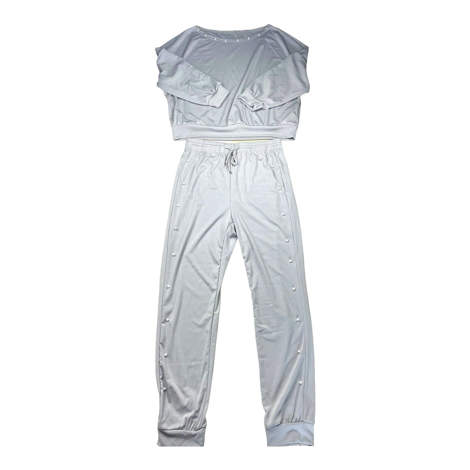 Pearl Embellished Tracksuit Co-Ord Set Women’s UK Size L Grey Jog Pants & Top