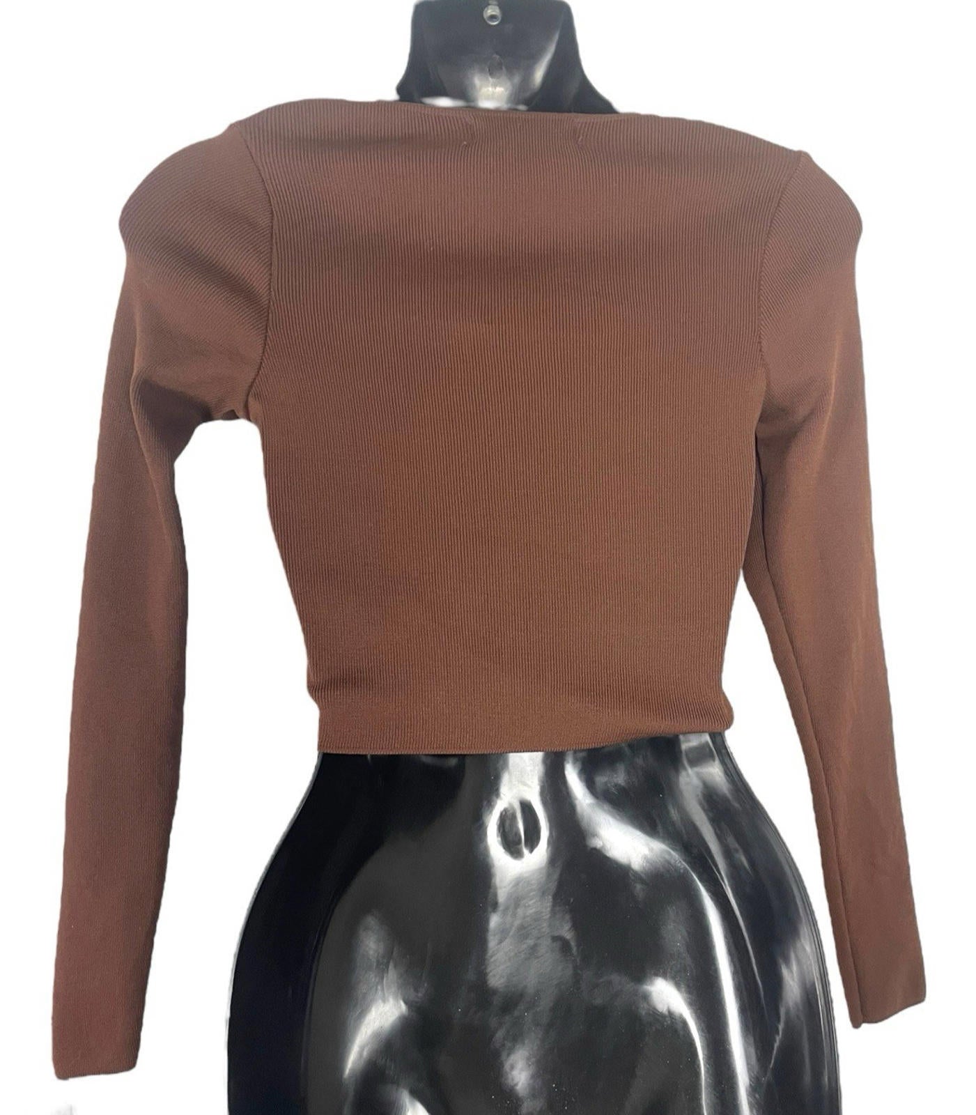 Stradivarius Brown Long Sleeve Crop Top V Neck Women’s UK Size XS