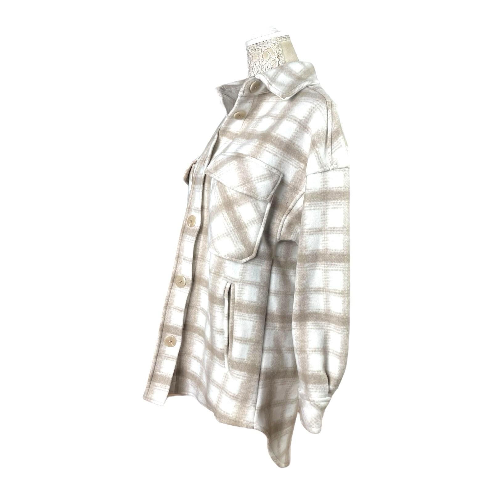 Stradivarius Beige Shirt Jacket Check Brushed Oversized Women’s UK Size XS