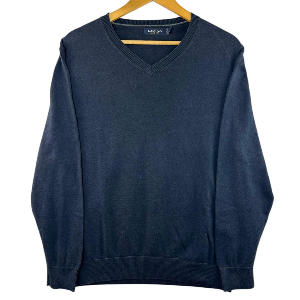 Nautica Knit Jumper Men's UK Size L Blue V-Neck Long Sleeve 100% Cotton
