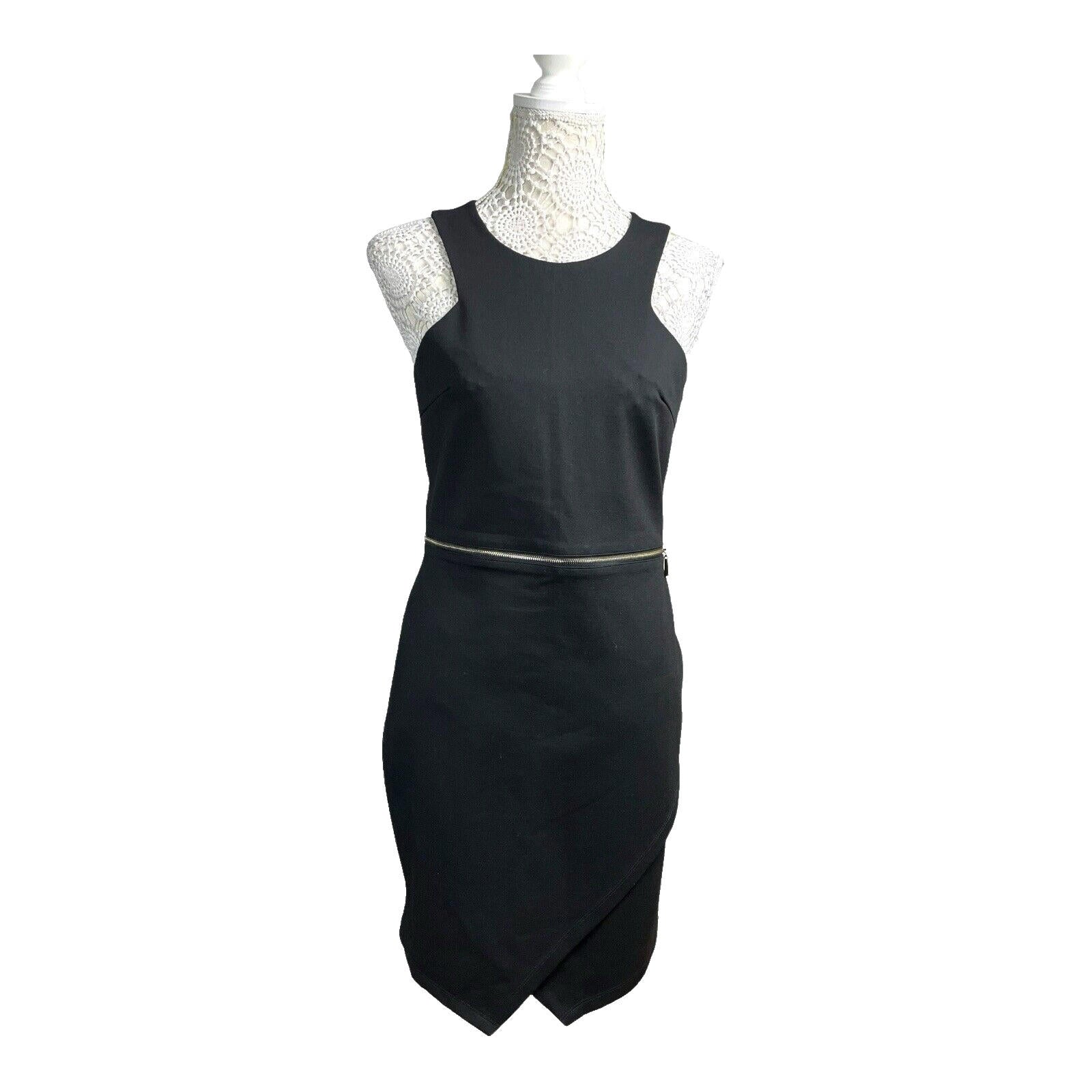 Missguided Black Mini Dress Bodycon Gold Zip Detail Women’s UK Size 12