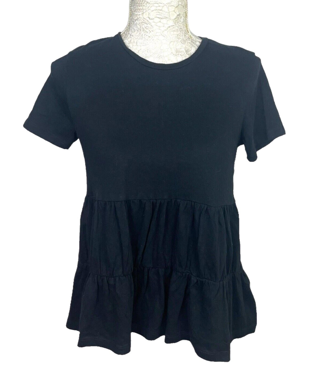 Zara Black Tiered Peplum Top 100% Cotton Women's UK Size S