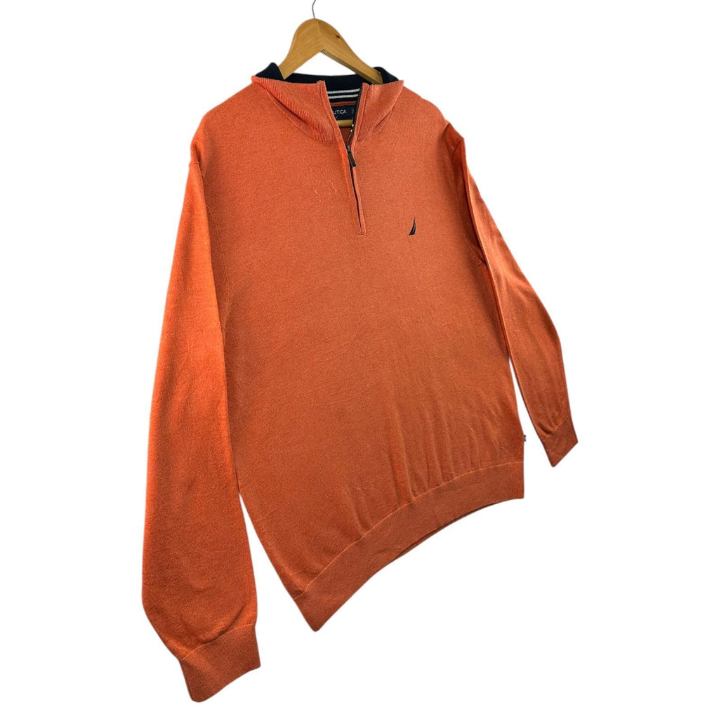 Nautica Knit Jumper Men's UK Size XL Orange Long Sleeve 1/4 Zip Sweater