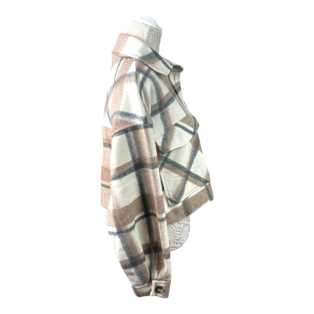 Stradivarius Beige Check Shacket Cropped Brushed Women’s UK Size XS