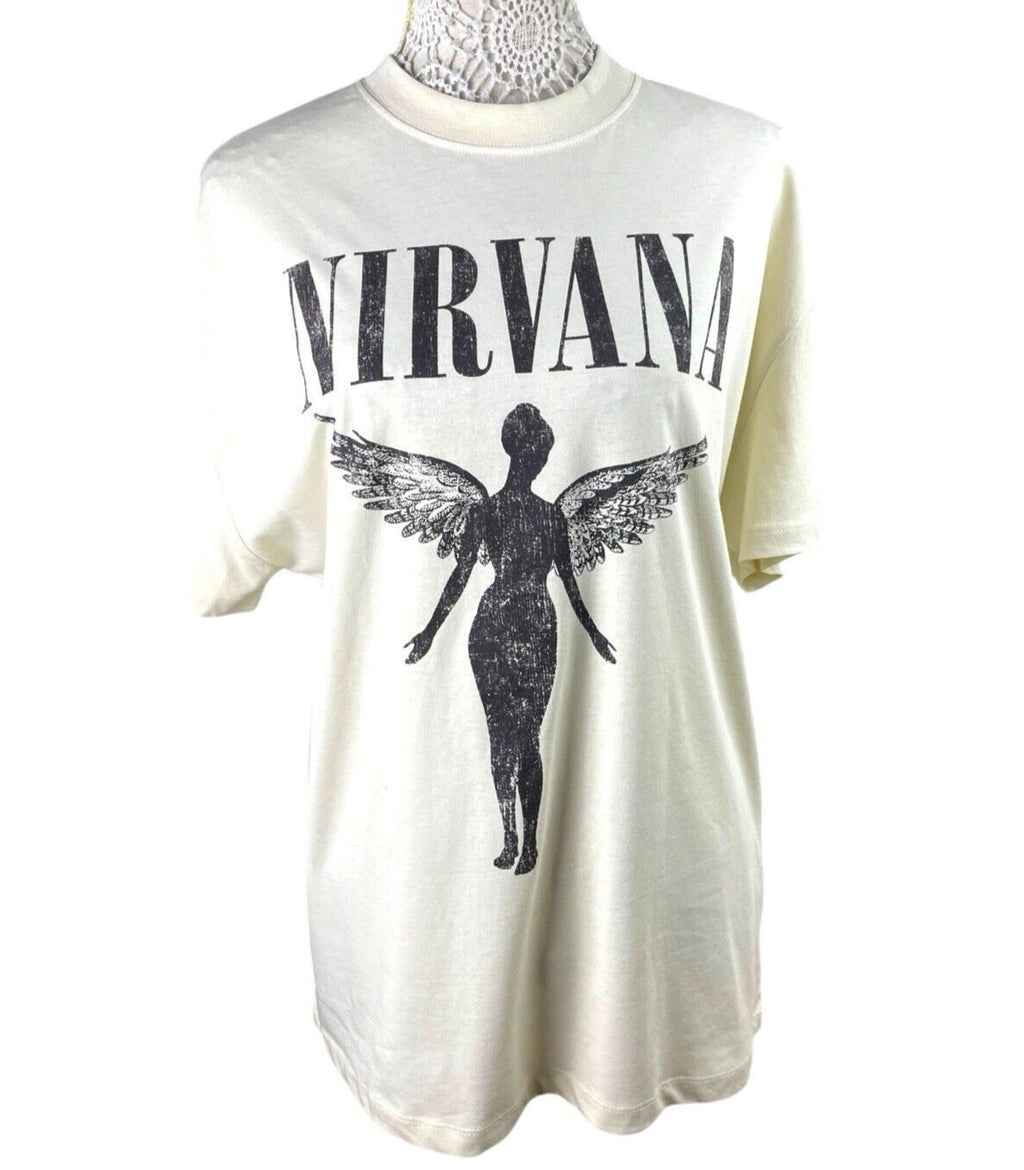 Stradivarius Nirvana T-Shirt Over Sized Beige Graphic Print Women’s UK Size XS