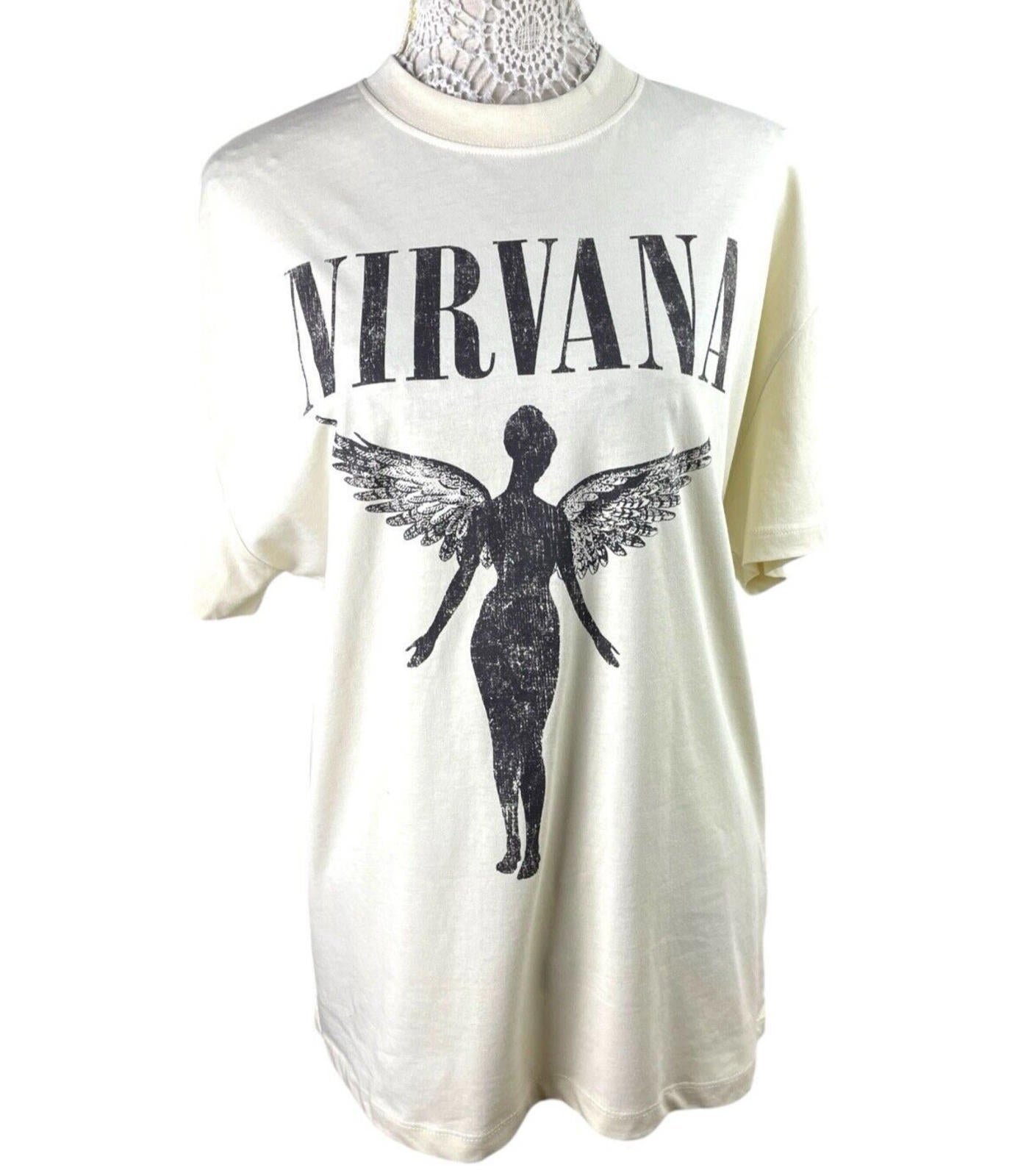 Stradivarius Nirvana T-Shirt Over Sized Beige Graphic Print Women’s UK Size XS