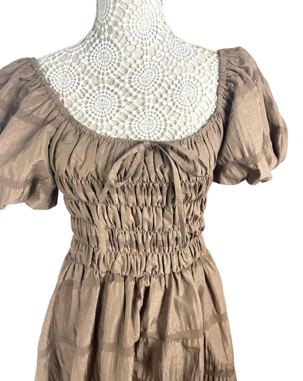 Pretty Little Thing Mini Dress Brown Shirred Aline Women's UK Size 8