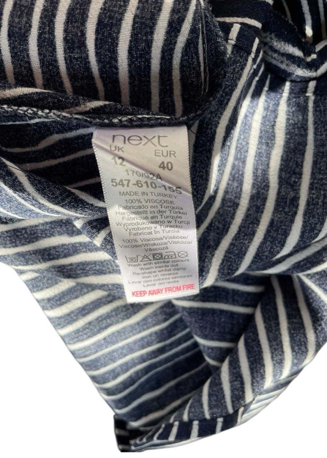 Next Navy Blouse High Neck Striped Lightweight Women’s UK Size 12