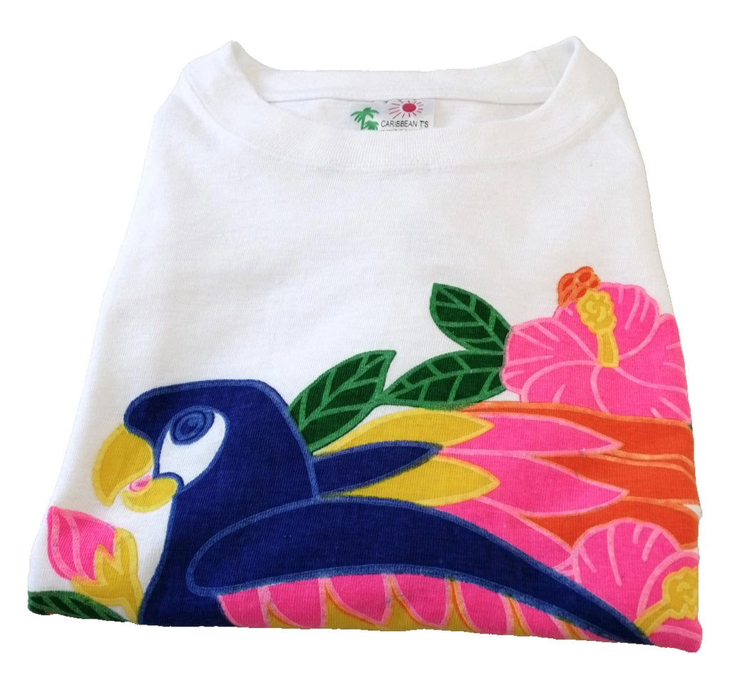 Colourful Parrot Caribbean Graphic Print T-Shirt Men's Size XL White Crew Neck