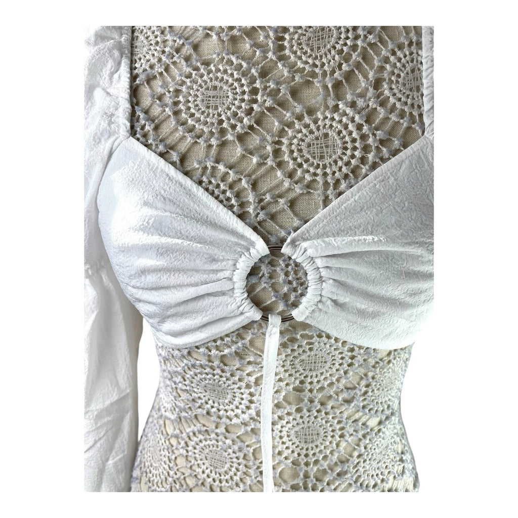 Divided White Puff Sleeve Crop Top Silver Ring Eyelet Women’s UK Size S