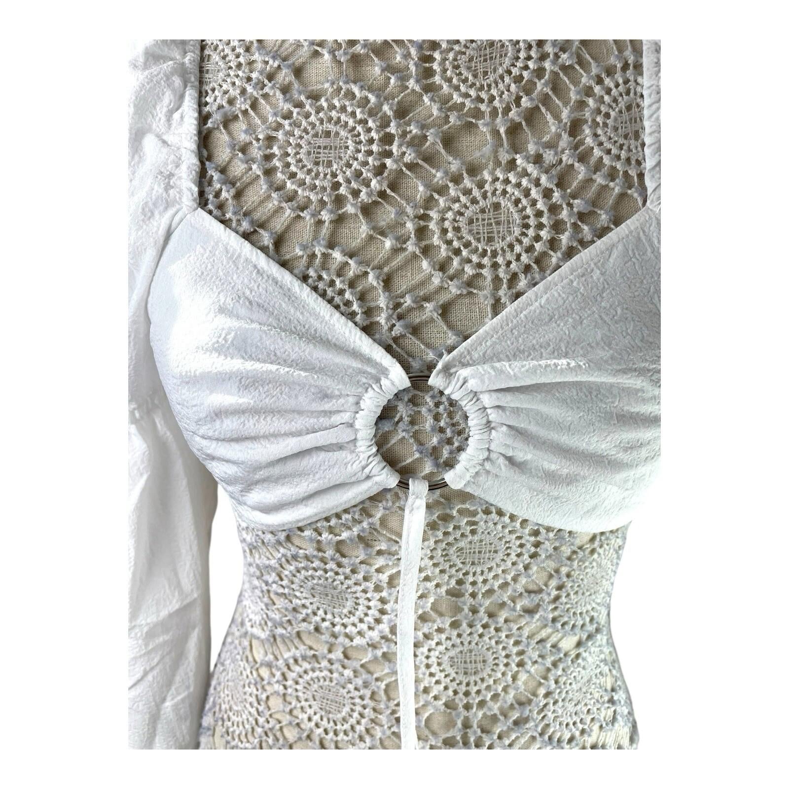 Divided White Puff Sleeve Crop Top Silver Ring Eyelet Women’s UK Size S