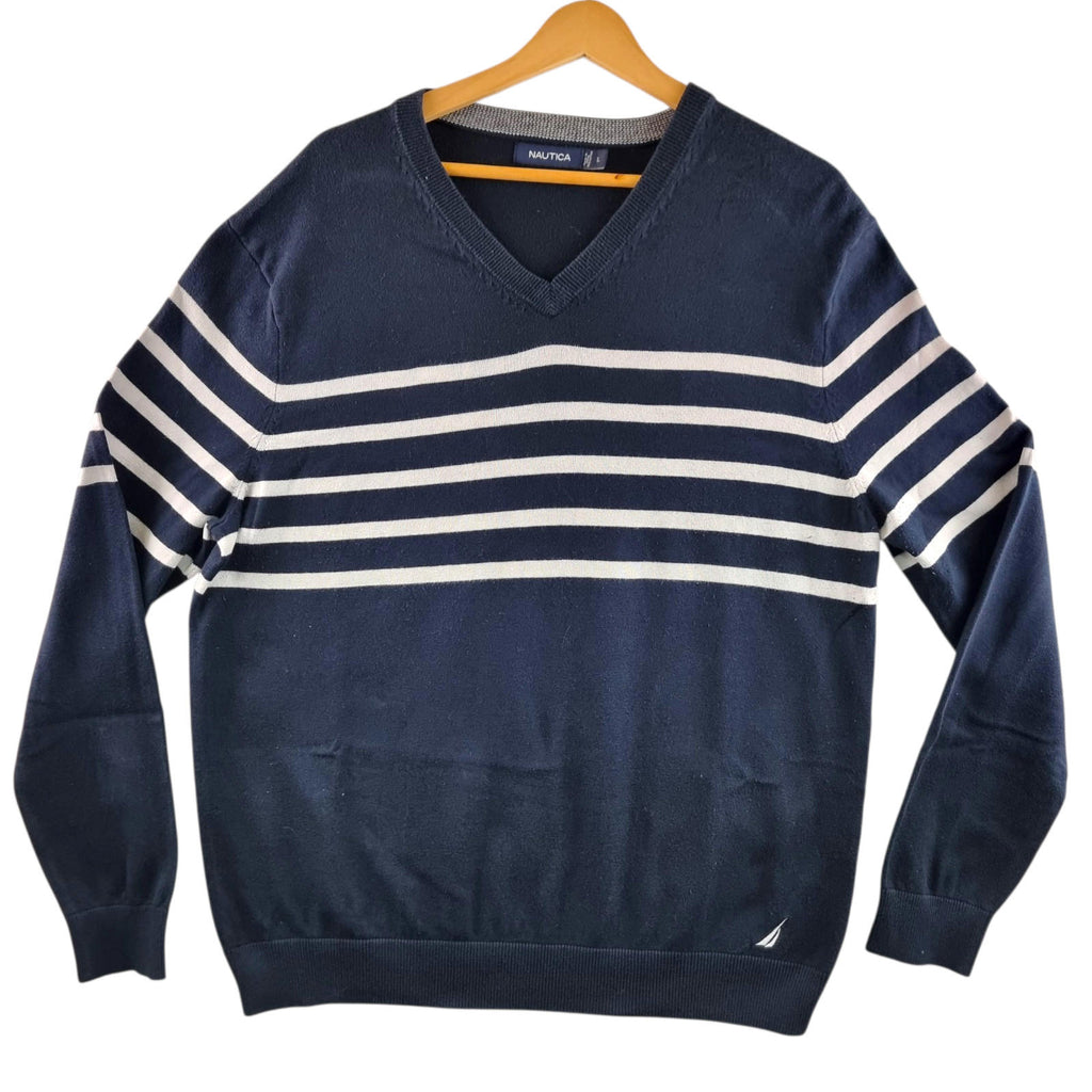 Nautica Knit Jumper Men's UK Size L Navy Blue V-Neck Nautical Sweater Pullover