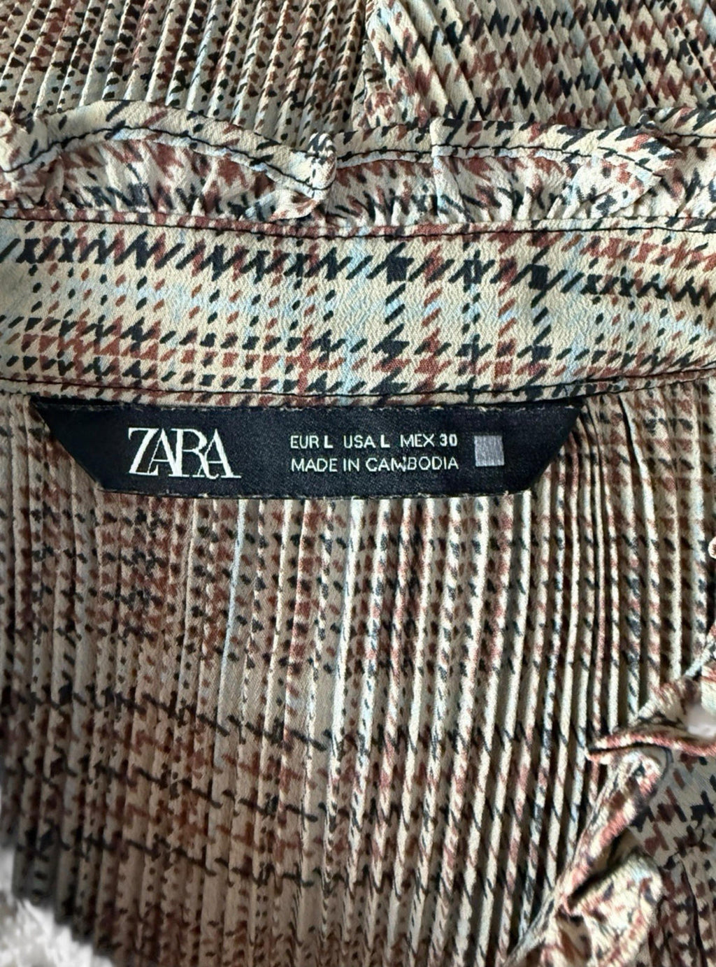 Zara Brown Beige Blouse Tie Neck Top Frilled Hem Women’s UK Size L