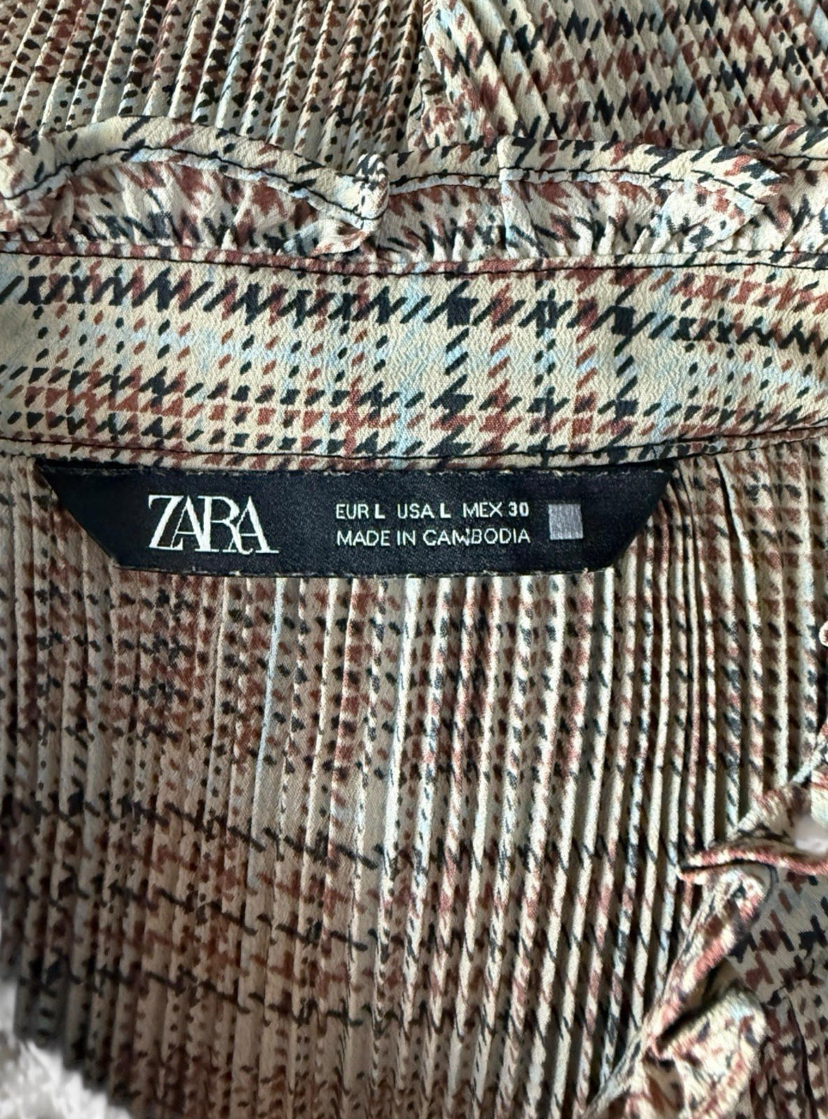 Zara Brown Beige Blouse Tie Neck Top Frilled Hem Women’s UK Size L