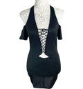 Black Halter Neck Mini Dress Lace Up Front Cold Shoulder Women’s UK Size 8