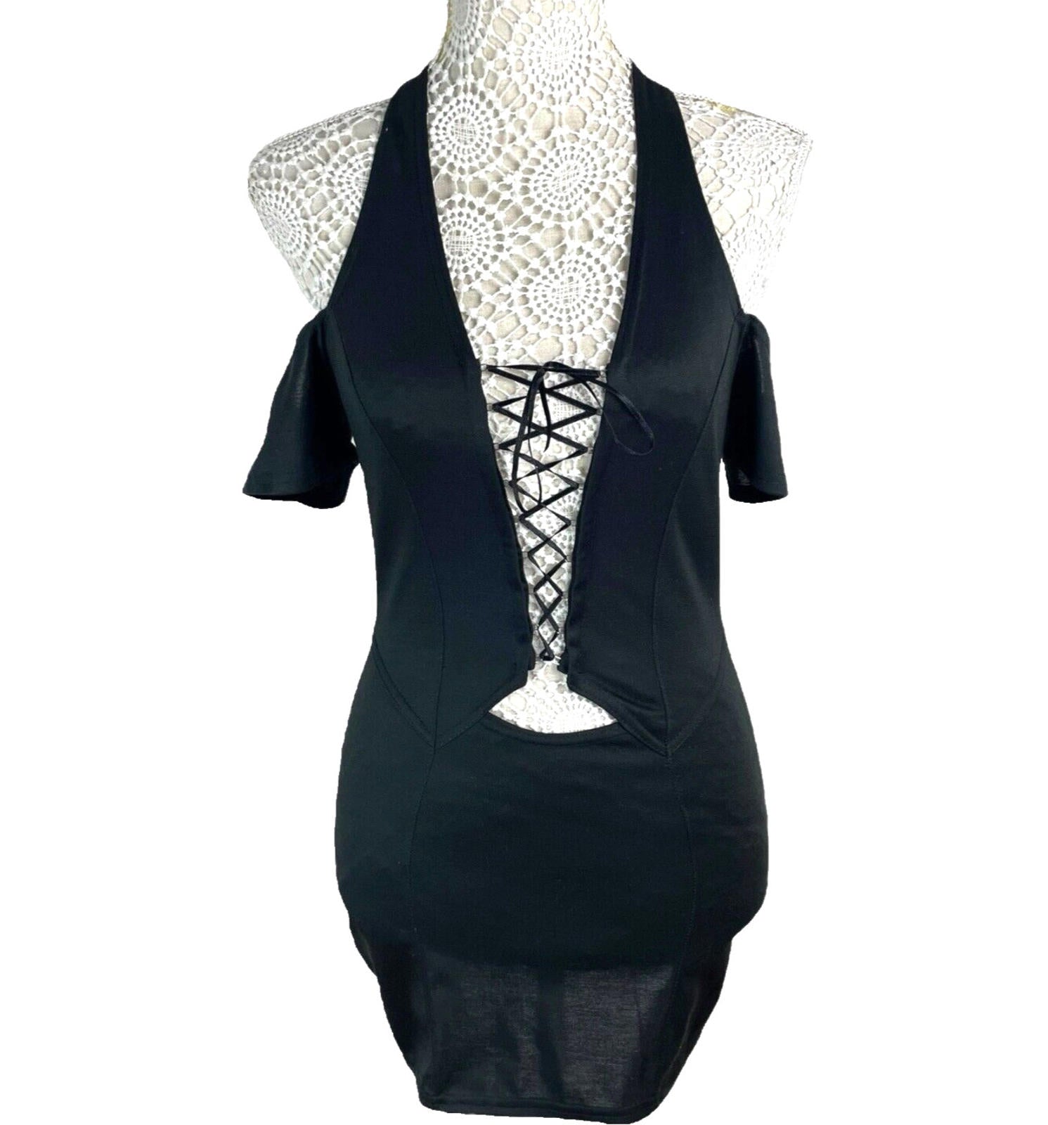 Black Halter Neck Mini Dress Lace Up Front Cold Shoulder Women’s UK Size 8