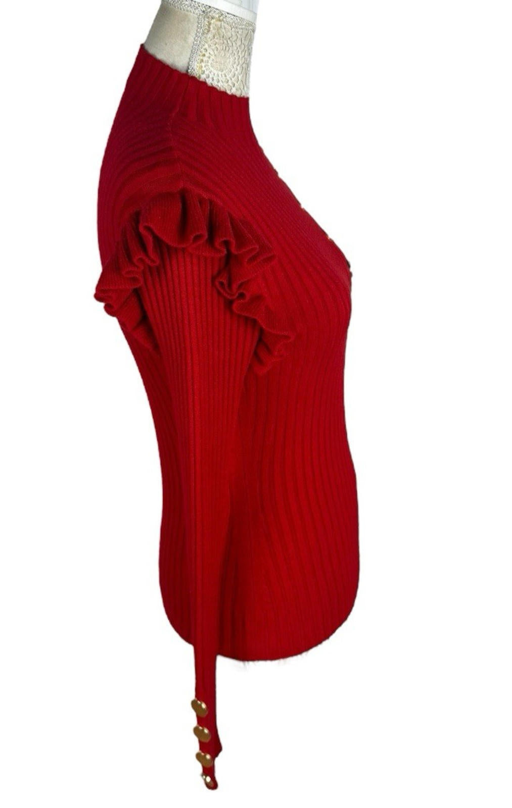 Moocci Red High Neck Knit Jumper Ribbed Gold Button Women’s UK Size M