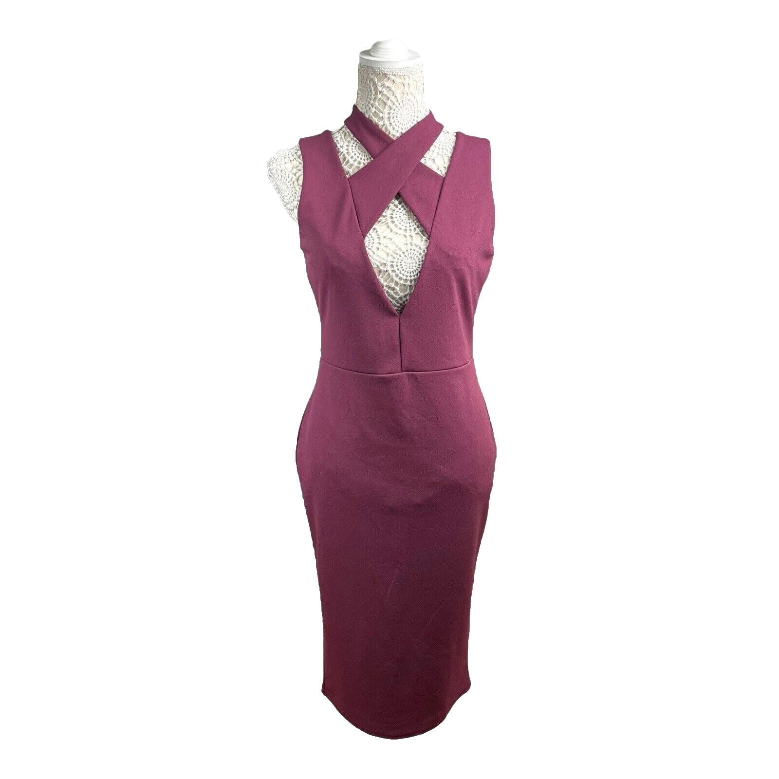 Missguided Burgandy Midi Dress Cross Neck Design Women’s UK Size 12
