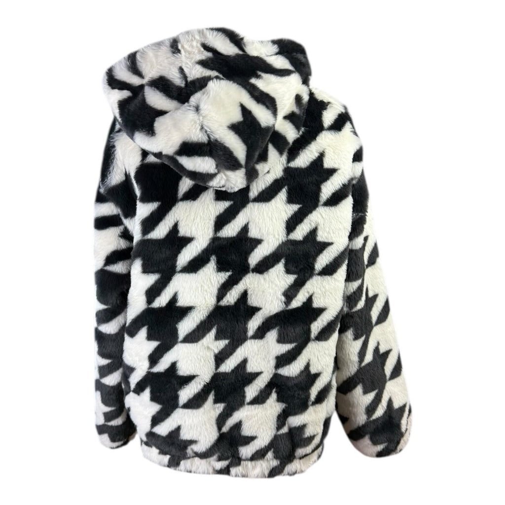 Divided Faux Fur Bomber Jacket Women’s UK Size XS Hooded Pockets Houndstooth