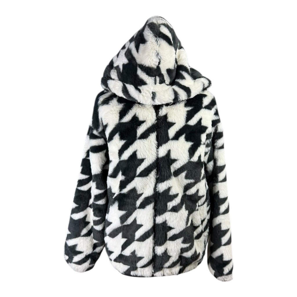 Divided Faux Fur Bomber Jacket Women’s UK Size XS Hooded Pockets Houndstooth