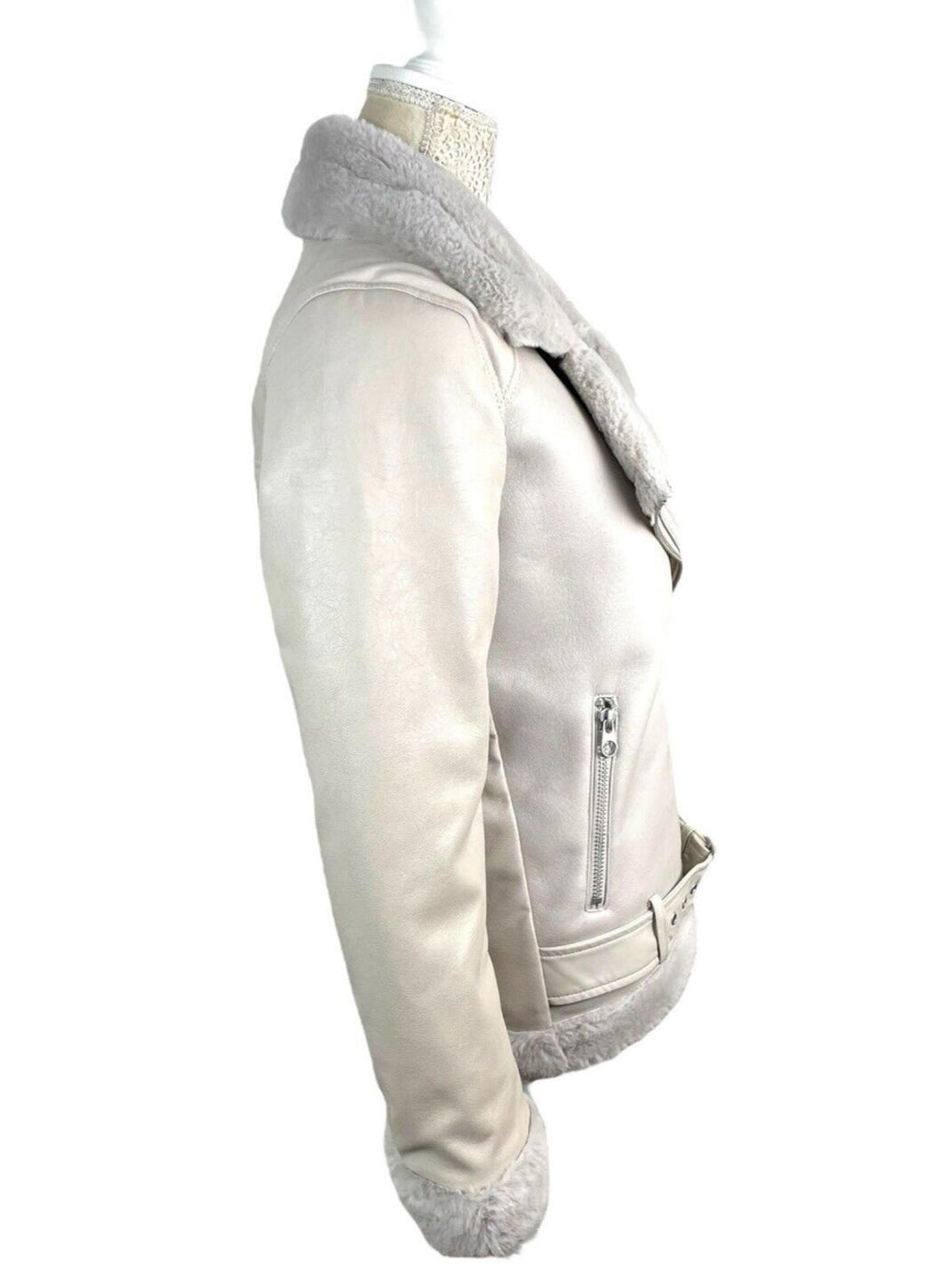 Divided Greige Faux Leather Jacket Fur Trim Collar Women’s UK Size XXS