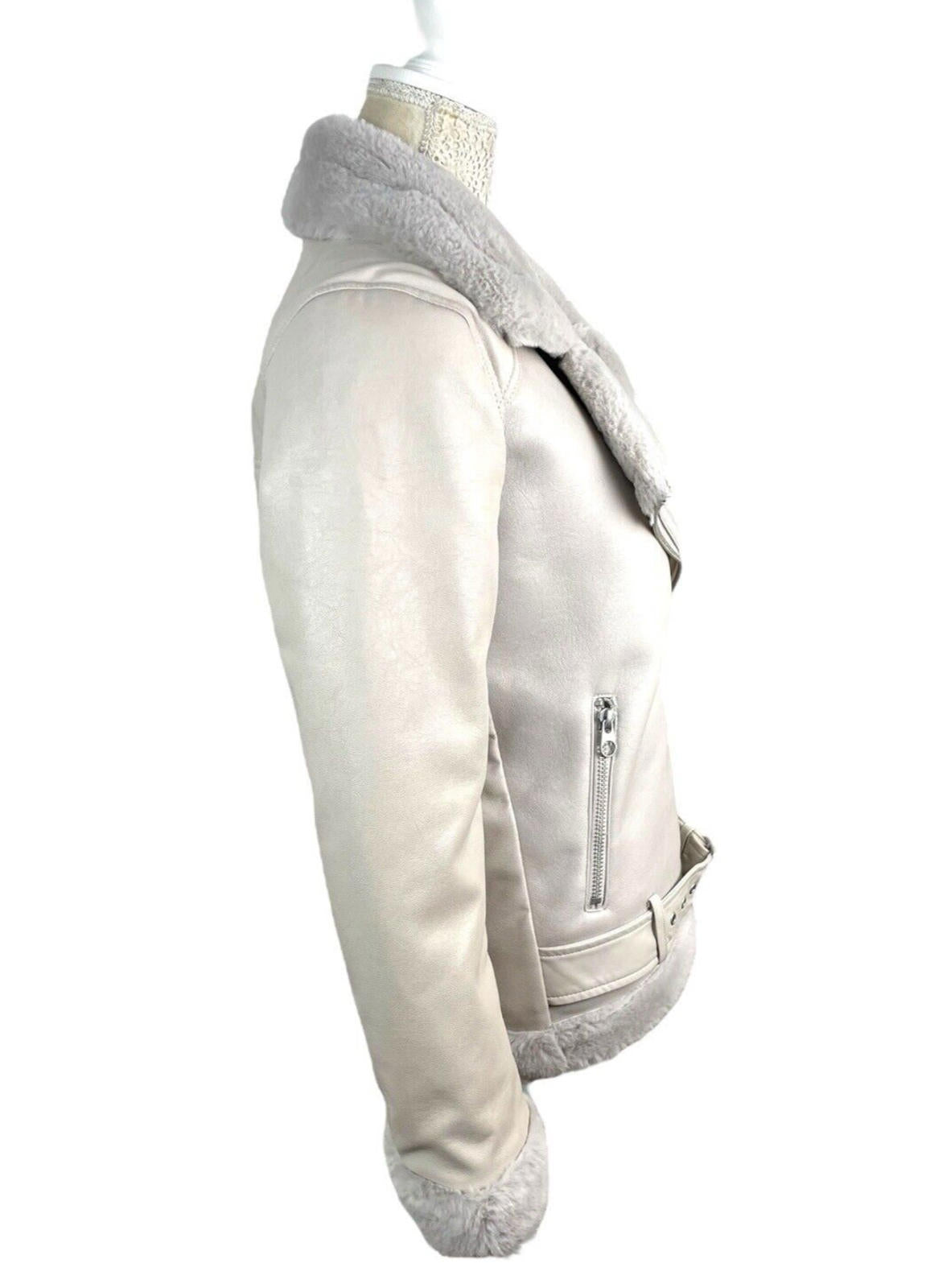 Divided Greige Faux Leather Jacket Fur Trim Collar Women’s UK Size XXS