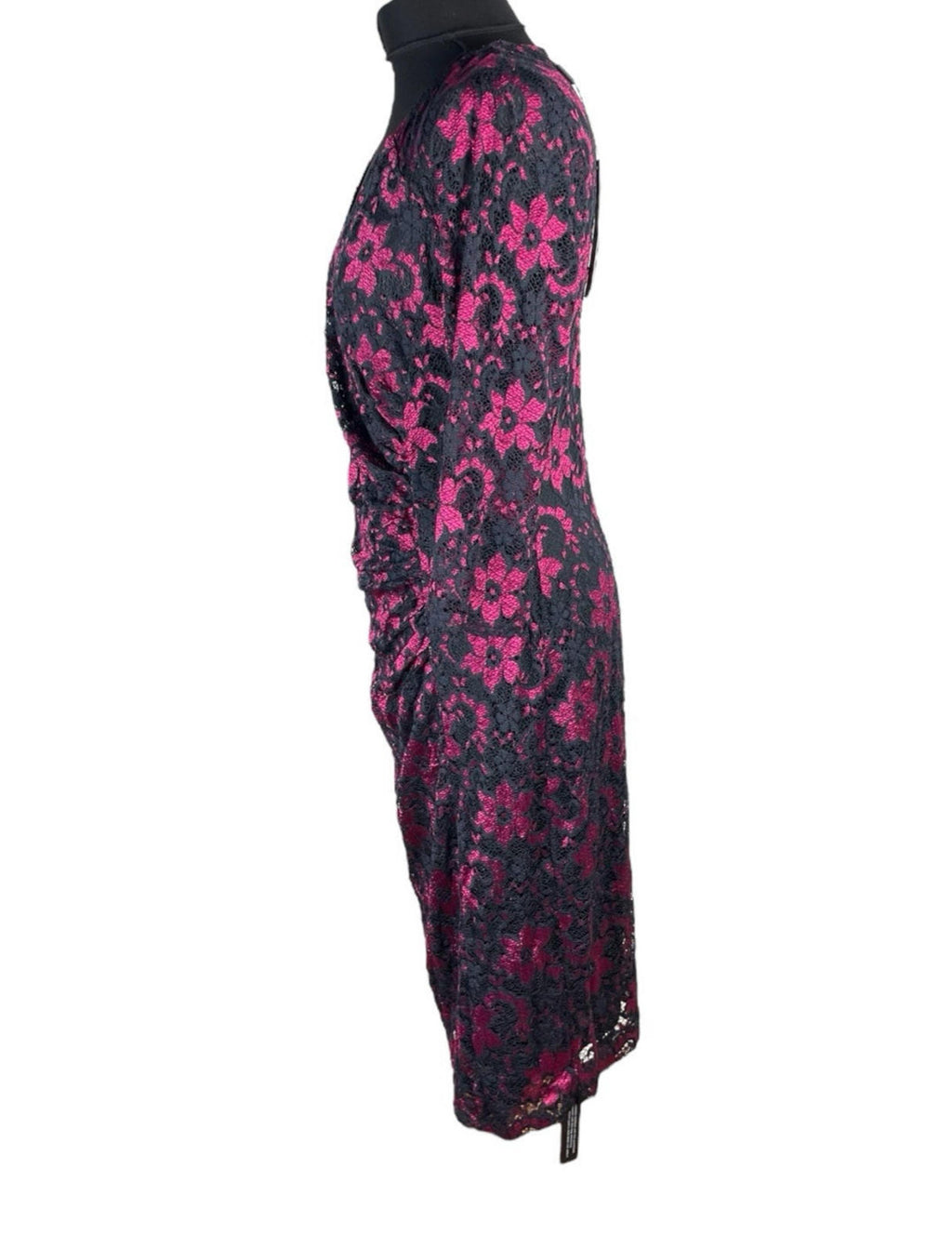 Roman Midi Dress Women’s UK Size 14 Pink & Black Floral Lace Long Sleeve Formal