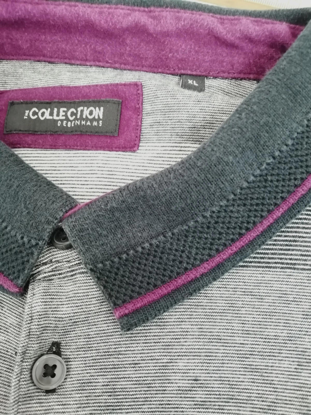 Debenhams Men's UK Size XL Grey Polo Shirt Striped Plum Black Collar Side Gusset