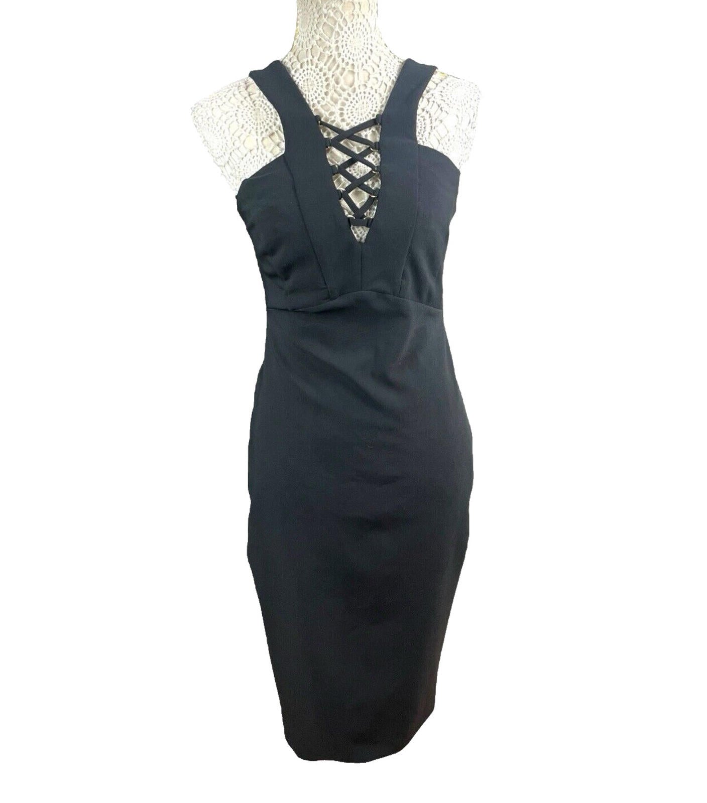 River Island Black Midi Dress Criss Cross Neckline Women’s UK Size 12