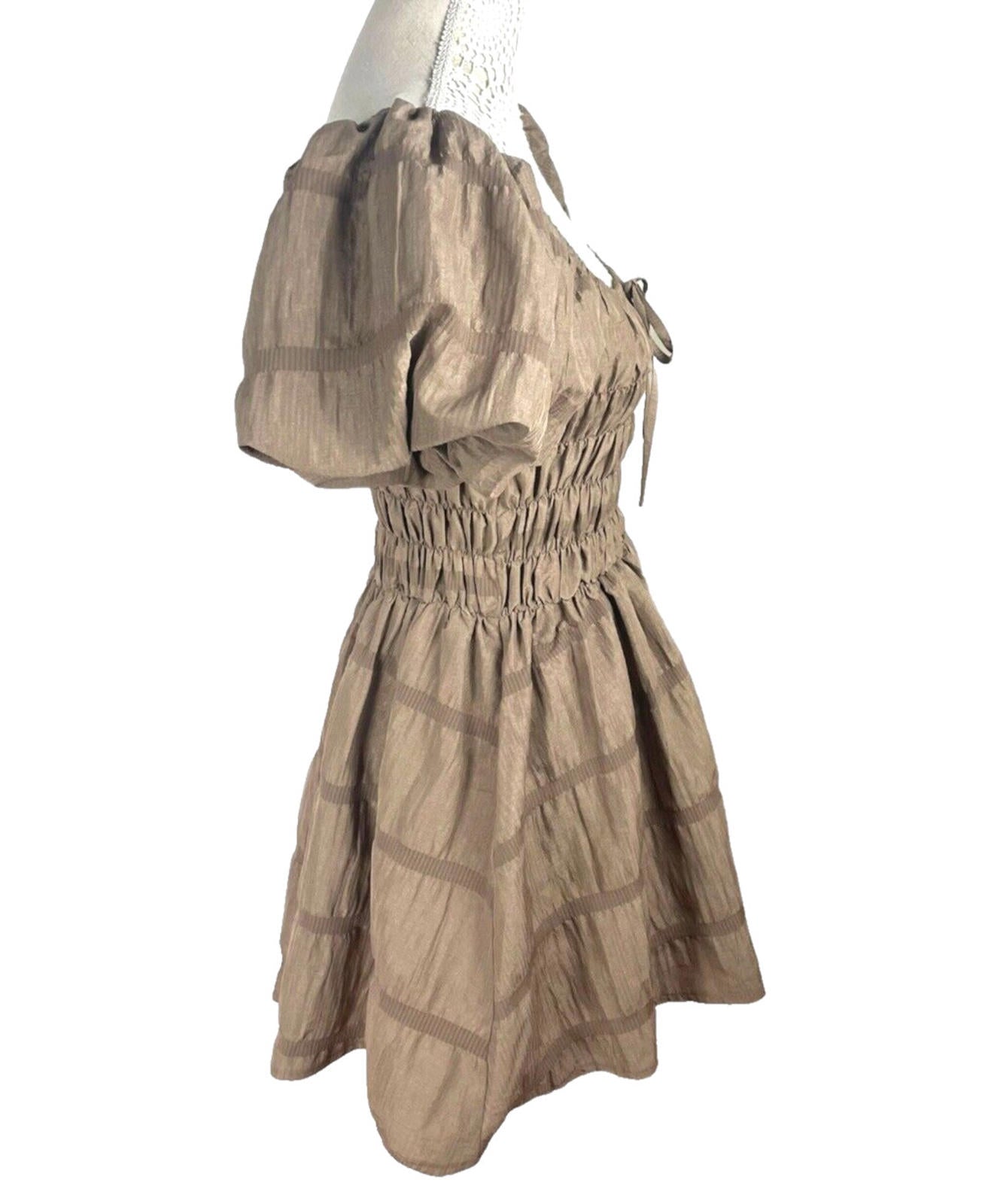 Pretty Little Thing Mini Dress Brown Shirred Aline Women's UK Size 8