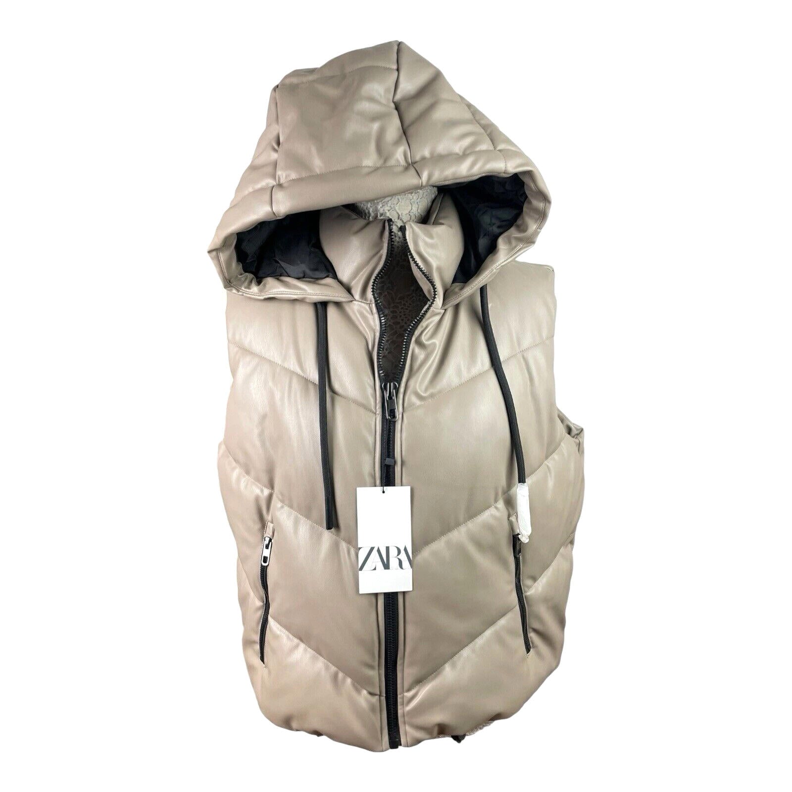 Zara Gilet Women's UK Size XS Faux Leather Puffer Beige Hooded Waist Coat