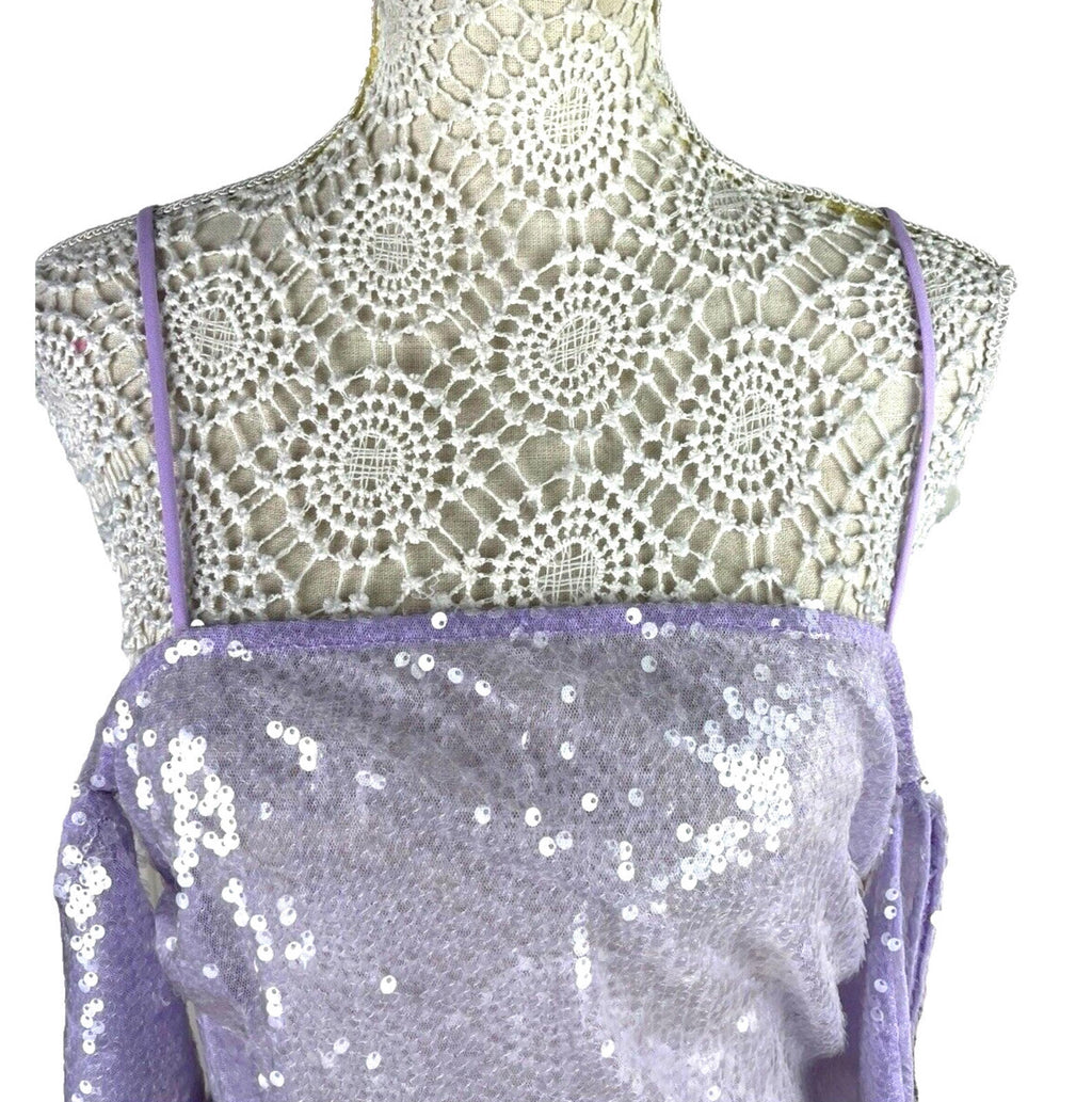 Lilac Full Sheer Sequin Mini Dress Feather Detail Women’s UK Size 8